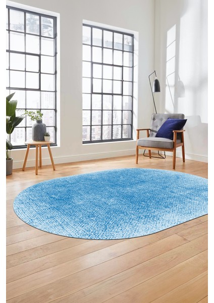 Dijital Baskı Kaymaz Yıkanabilir Sade Düz Renk Tasarım Oval Yolluk Salon Halısı, O-Sade-43-Mavi,
