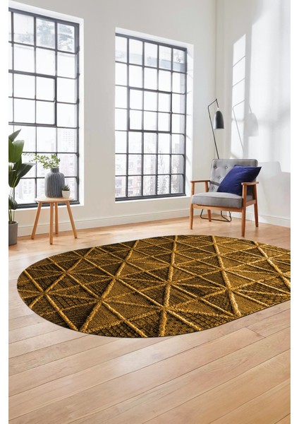 3D Baskılı Kaymaz Taban Yıkanabilir Sade Motifli Oval Yolluk Mutfak Salon Halısı, O-Sade-12-Kahve,