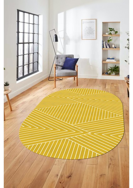 Baskılı Kaymaz Taban Yıkanabilir Çizgili Desen Oval Yolluk Mutfak Salon Halısı, O-Sade-08-Sarı,