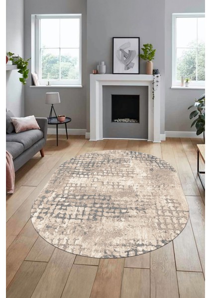 Baskılı Kaymaz Taban Yıkanabilir Sade Motifli Oval Yolluk Mutfak Salon Halısı, O-Sade-16-Vizon,