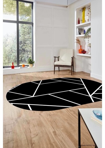 Dijital Baskı Kaymaz Yıkanabilir Sade Çizgili Oval Yolluk Koridor Salon Halısı, O-Sade-50-Siyah,