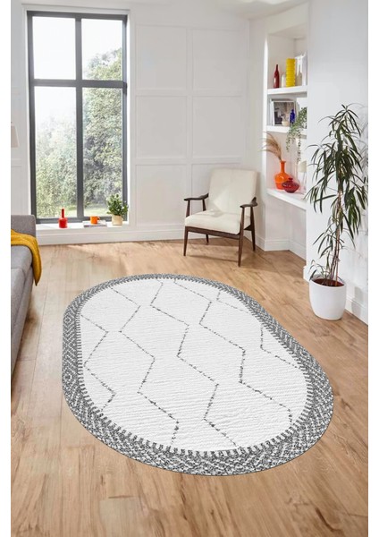 Baskılı Kaymaz Taban Yıkanabilir Sade Kilim Desen Oval Yolluk Salon Halısı, O-Sade-17-Gri,