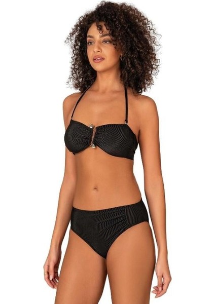 Endeep Kadın Aksesuarlı Fitilli Dokulu Siyah Bikini Takımı 22287 fiyatları