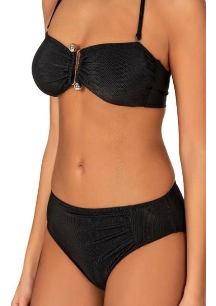 Endeep Kadın Aksesuarlı Fitilli Dokulu Siyah Bikini Takımı 22287 modelleri