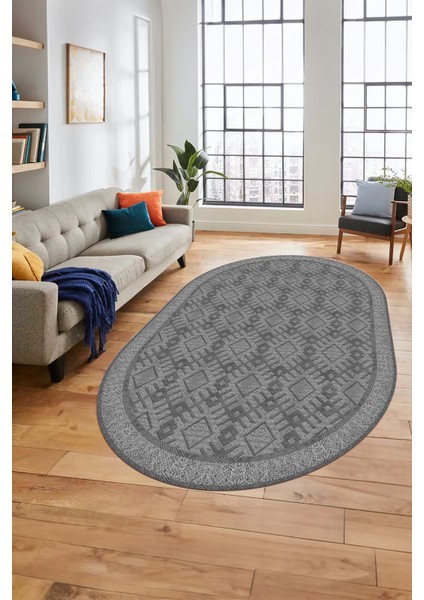 Kilim Desenli Dijital Kaymaz Yıkanabilir Sade Oval Yolluk Koridor Salon Halısı, O-Sade-19-Gri,