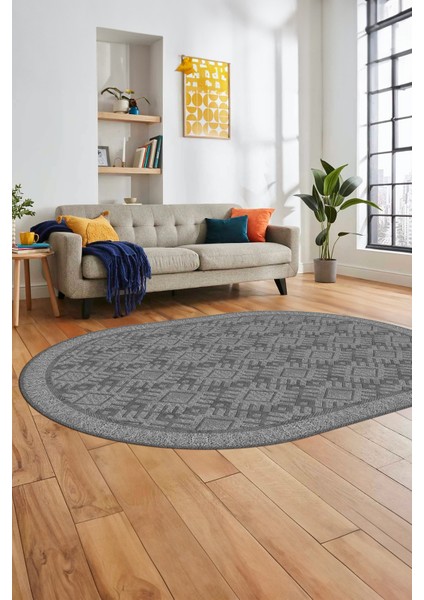 Kilim Desenli Dijital Kaymaz Yıkanabilir Sade Oval Yolluk Koridor Salon Halısı, O-Sade-19-Gri,