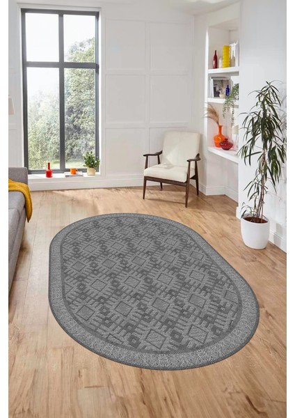 Kilim Desenli Dijital Kaymaz Yıkanabilir Sade Oval Yolluk Koridor Salon Halısı, O-Sade-19-Gri,