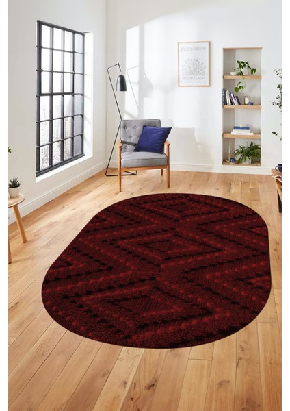 Düz Renk Sade Kilim Motifli Dijital Kaymaz Taban Yıkanabilir Oval Salon Halısı, O-Sade-33-Bordo, fırsatları
