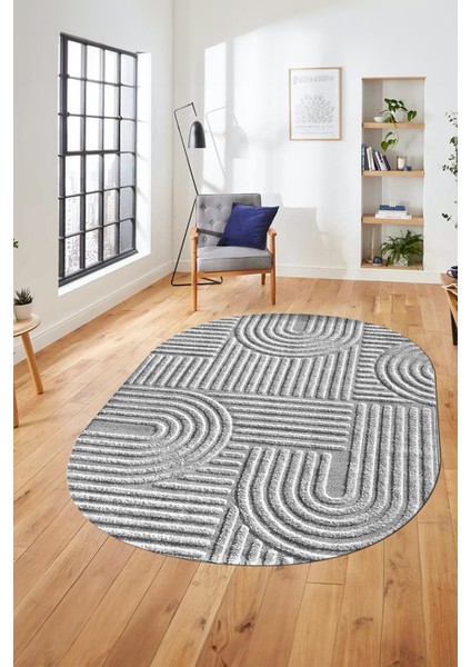 Baskılı Kaymaz Taban Yıkanabilir Sade Desen Oval Yolluk Mutfak Salon Halısı, O-Sade-01-Gri,