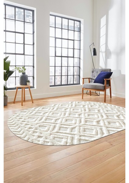 3D Baskılı Kaymaz Taban Yıkanabilir Kilim Desen Oval Yolluk Mutfak Salon Halısı, O-Sade-04-Krem,