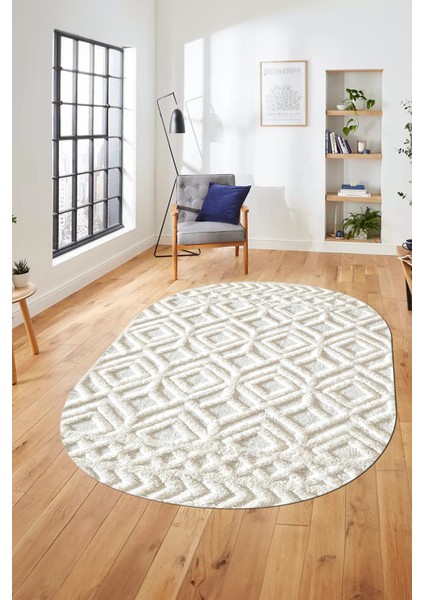 3D Baskılı Kaymaz Taban Yıkanabilir Kilim Desen Oval Yolluk Mutfak Salon Halısı, O-Sade-04-Krem,