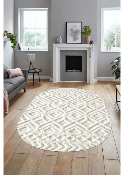 3D Baskılı Kaymaz Taban Yıkanabilir Kilim Desen Oval Yolluk Mutfak Salon Halısı, O-Sade-04-Krem,