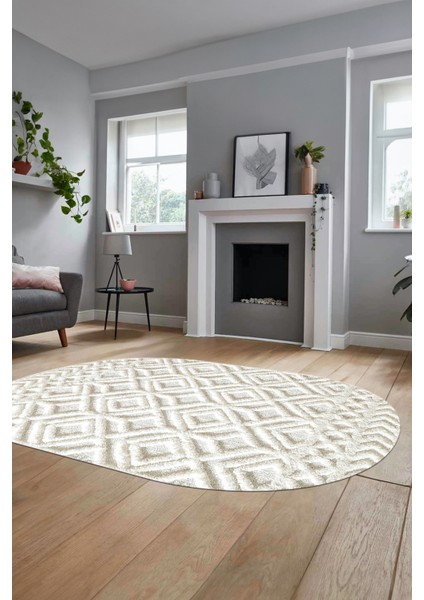 3D Baskılı Kaymaz Taban Yıkanabilir Kilim Desen Oval Yolluk Mutfak Salon Halısı, O-Sade-04-Krem,