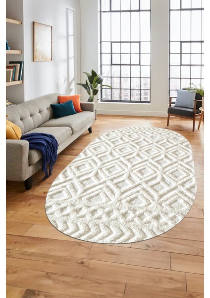 3D Baskılı Kaymaz Taban Yıkanabilir Kilim Desen Oval Yolluk Mutfak Salon Halısı, O-Sade-04-Krem,