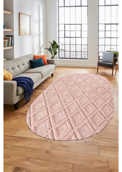 Sade Baklava Desen Motifli Kaymaz Taban Yıkanabilir Oval Yolluk Salon Halısı, O-Sade-28-Pembe,