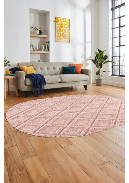 Sade Baklava Desen Motifli Kaymaz Taban Yıkanabilir Oval Yolluk Salon Halısı, O-Sade-28-Pembe,