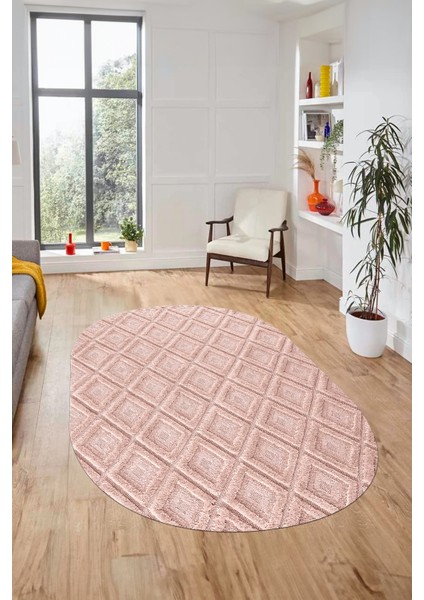 Sade Baklava Desen Motifli Kaymaz Taban Yıkanabilir Oval Yolluk Salon Halısı, O-Sade-28-Pembe,