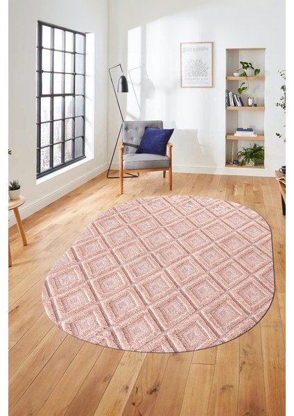 Sade Baklava Desen Motifli Kaymaz Taban Yıkanabilir Oval Yolluk Salon Halısı, O-Sade-28-Pembe,