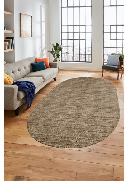 Düz Renk Sade Motifli Dijital Kaymaz Taban Yıkanabilir Oval Yolluk Salon Halısı, O-Sade-31-Kahve,