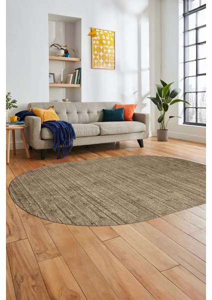 Düz Renk Sade Motifli Dijital Kaymaz Taban Yıkanabilir Oval Yolluk Salon Halısı, O-Sade-31-Kahve,