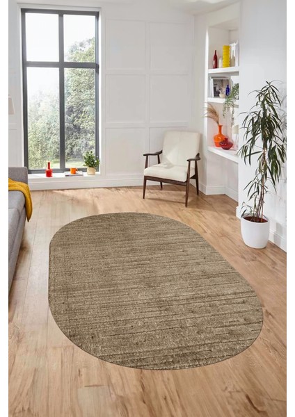 Düz Renk Sade Motifli Dijital Kaymaz Taban Yıkanabilir Oval Yolluk Salon Halısı, O-Sade-31-Kahve,