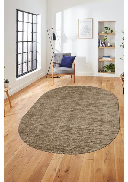 Düz Renk Sade Motifli Dijital Kaymaz Taban Yıkanabilir Oval Yolluk Salon Halısı, O-Sade-31-Kahve,