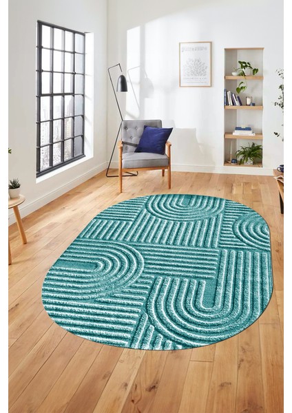 Baskılı Kaymaz Taban Yıkanabilir Sade Desen Oval Yolluk Mutfak Salon Halısı, O-Sade-01-Mavi,