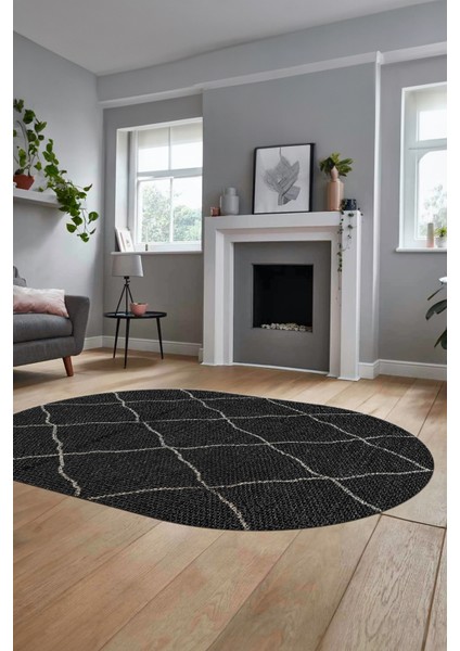 Düz Renk Dijital Kaymaz Yıkanabilir Sade Oval Yolluk Mutfak Koridor Salon Halısı, O-Sade-22-Siyah,