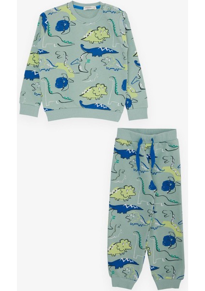 Girls & Boys Erkek Çocuk Eşofman Takım Dinozor Desenli Bağcık Aksesuarlı 2-6 Yaş, Mint Yeşili