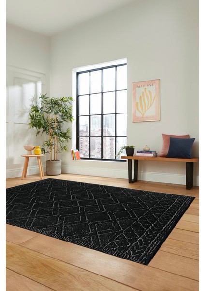 3D Dijital Kaymaz Taban Yıkanabilir Kilim Desen Yolluk Mutfak Salon Halısı Sade-05-Antrasit