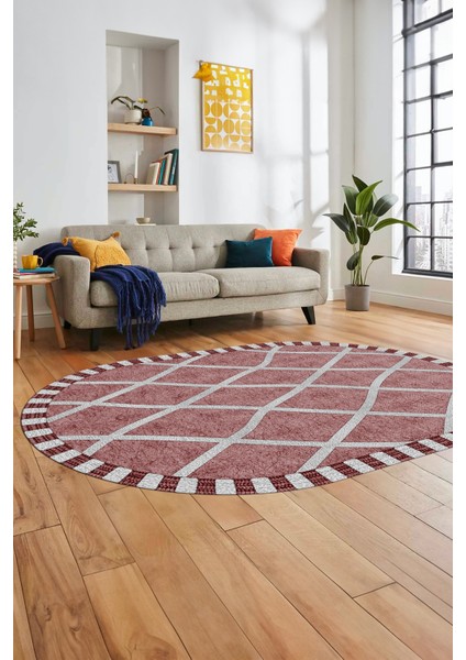 Özel Tasarım Düz Renk Sade Desen Kaymaz Taban Yıkanabilir Oval Yolluk Salon Halısı, O-Sade-24-Bordo,