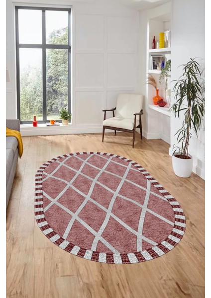 Özel Tasarım Düz Renk Sade Desen Kaymaz Taban Yıkanabilir Oval Yolluk Salon Halısı, O-Sade-24-Bordo,
