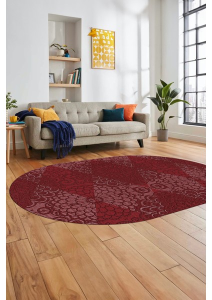 Düz Renk Sade Motifli Dijital Kaymaz Taban Yıkanabilir Oval Yolluk Salon Halısı, O-Sade-34-Bordo,