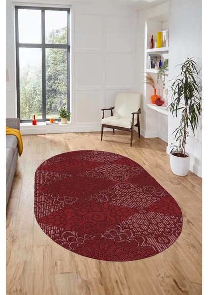 Düz Renk Sade Motifli Dijital Kaymaz Taban Yıkanabilir Oval Yolluk Salon Halısı, O-Sade-34-Bordo,