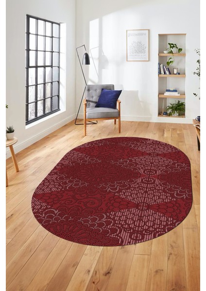 Düz Renk Sade Motifli Dijital Kaymaz Taban Yıkanabilir Oval Yolluk Salon Halısı, O-Sade-34-Bordo,