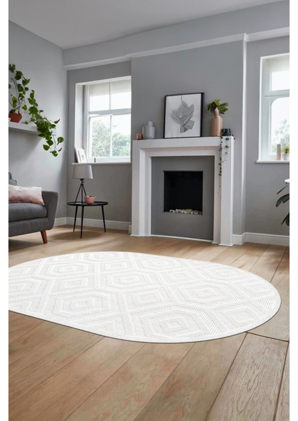 Düz Renk Sade Desen Motifli Kaymaz Taban Yıkanabilir Oval Yolluk Salon Halısı, O-Sade-26-Beyaz,