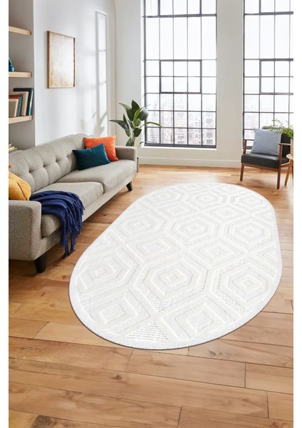 Düz Renk Sade Desen Motifli Kaymaz Taban Yıkanabilir Oval Yolluk Salon Halısı, O-Sade-26-Beyaz,