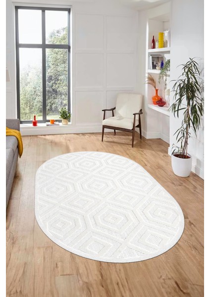 Düz Renk Sade Desen Motifli Kaymaz Taban Yıkanabilir Oval Yolluk Salon Halısı, O-Sade-26-Beyaz,