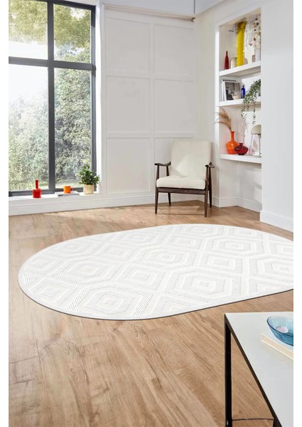 Düz Renk Sade Desen Motifli Kaymaz Taban Yıkanabilir Oval Yolluk Salon Halısı, O-Sade-26-Beyaz,