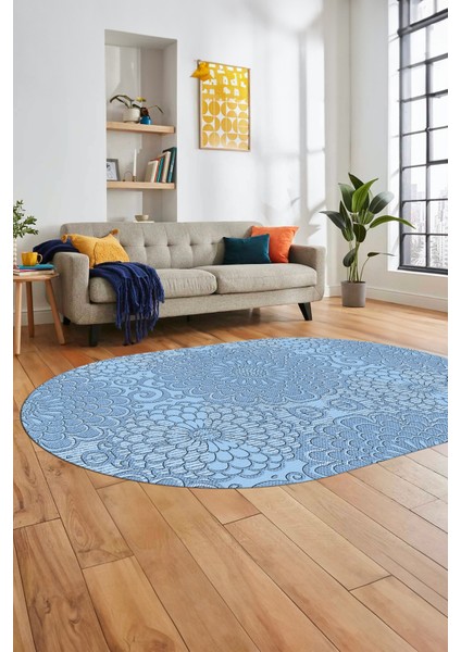 Düz Renk Sade Motifli Dijital Kaymaz Taban Yıkanabilir Oval Yolluk Salon Halısı, O-Sade-34-Mavi,