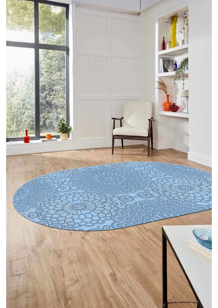 Düz Renk Sade Motifli Dijital Kaymaz Taban Yıkanabilir Oval Yolluk Salon Halısı, O-Sade-34-Mavi, modelleri