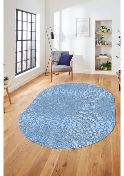 Düz Renk Sade Motifli Dijital Kaymaz Taban Yıkanabilir Oval Yolluk Salon Halısı, O-Sade-34-Mavi, fırsatları
