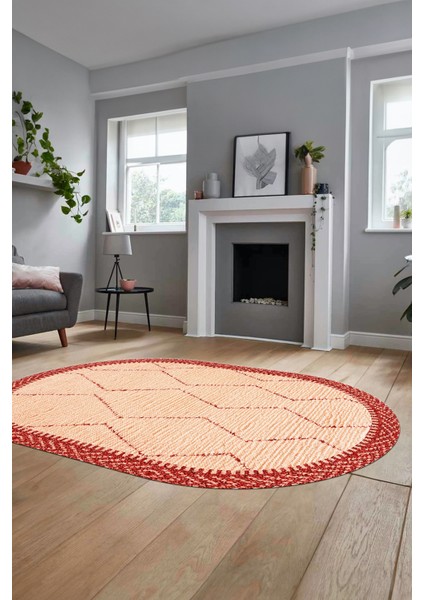 Baskılı Kaymaz Taban Yıkanabilir Sade Kilim Desen Oval Yolluk Salon Halısı, O-Sade-17-Kırmızı, fiyatları