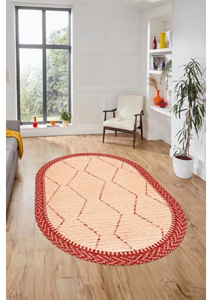 Baskılı Kaymaz Taban Yıkanabilir Sade Kilim Desen Oval Yolluk Salon Halısı, O-Sade-17-Kırmızı, indirimleri