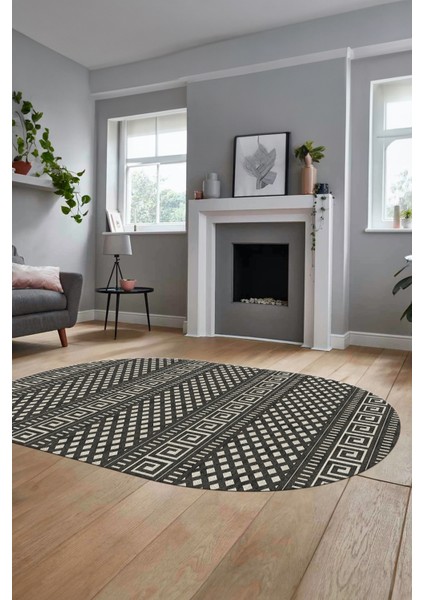 Kilim Desenli Dijital Kaymaz Yıkanabilir Sade Oval Yolluk Koridor Salon Halısı, O-Sade-21-Krem,