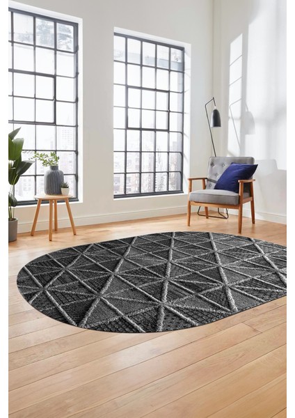 3D Baskılı Kaymaz Taban Yıkanabilir Sade Motifli Oval Yolluk Mutfak Salon Halısı, O-Sade-12-Antrasit,