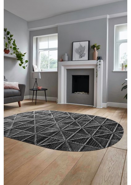 3D Baskılı Kaymaz Taban Yıkanabilir Sade Motifli Oval Yolluk Mutfak Salon Halısı, O-Sade-12-Antrasit, modelleri