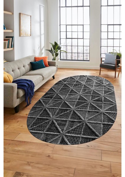3D Baskılı Kaymaz Taban Yıkanabilir Sade Motifli Oval Yolluk Mutfak Salon Halısı, O-Sade-12-Antrasit, fırsatları