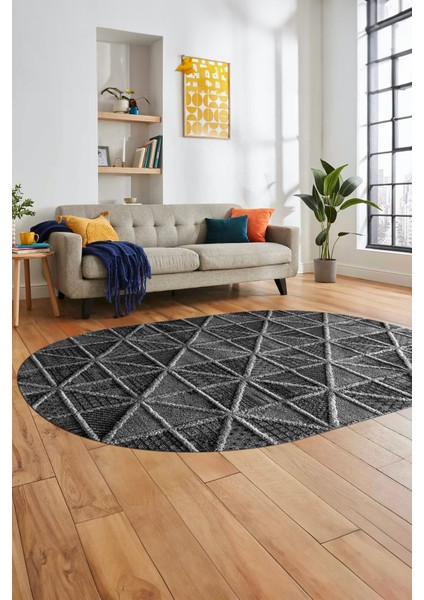 3D Baskılı Kaymaz Taban Yıkanabilir Sade Motifli Oval Yolluk Mutfak Salon Halısı, O-Sade-12-Antrasit, indirimleri