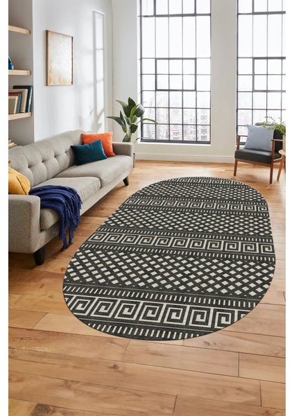 Kilim Desenli Dijital Kaymaz Yıkanabilir Sade Oval Yolluk Koridor Salon Halısı, O-Sade-21-Krem,